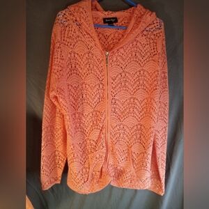 Charlie Paige Women's Open Weave Long Sleeve Coral Zipper Hoodie